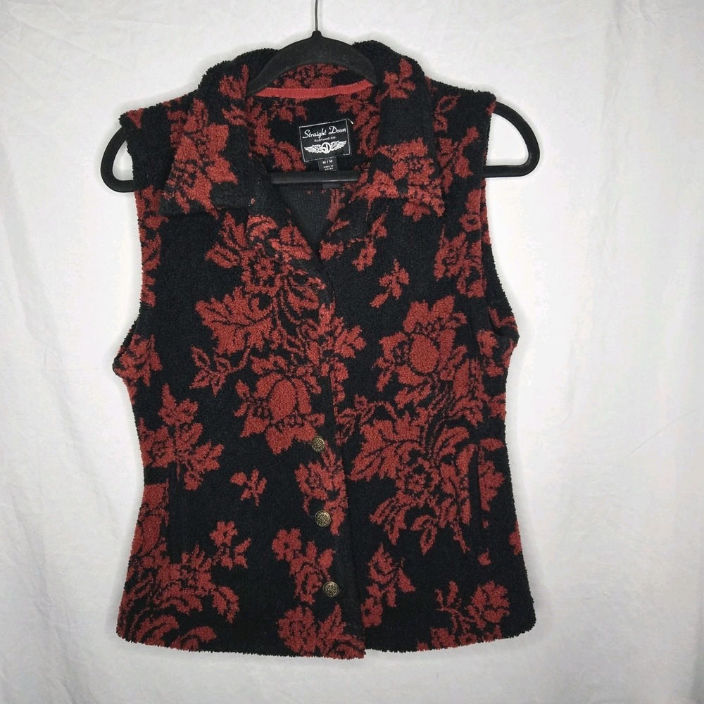 Straight Down Clothing Co Fleece Vest Floral Print‎ Red And Black Women's Medium